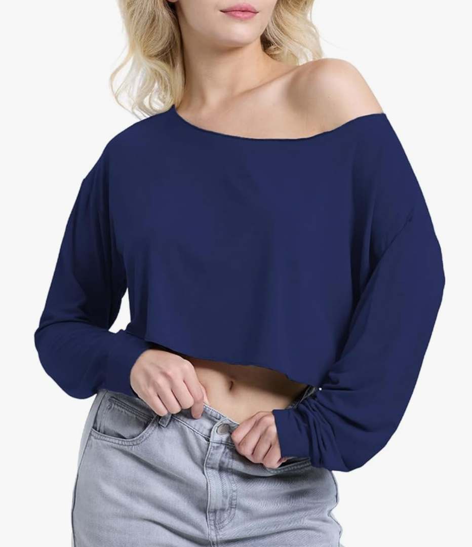 Off Shoulder Crop Top for Women Workout Gym Dance Top Spring Summer Top Boat Neck Loose Casual Long Sleeve T Shirt XL