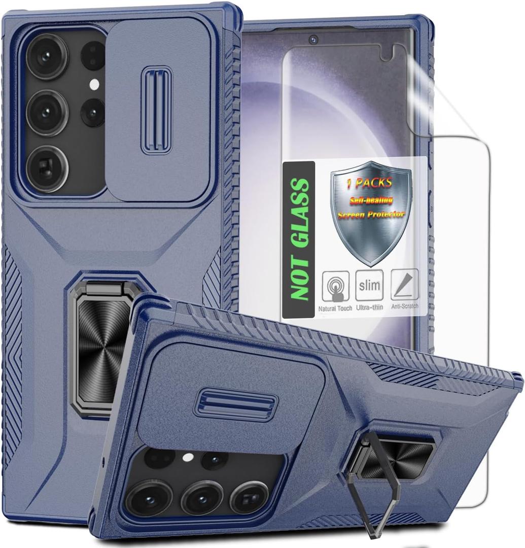 for Galaxy S23 Ultra Case with Sliding Camera Lens Cover, HD Screen Protector,360° Rotating Kickstand,AYMECL Military-Grade Shockproof Protective Cover for Samsung Galaxy S23 Ultra,Blue