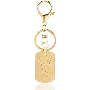 ANHBKAR A-Z Gold Stainless Steel Letter Keychain - Alphabet Initial Key Ring for Men Women, Purse or Car Charm (V Gold 03)