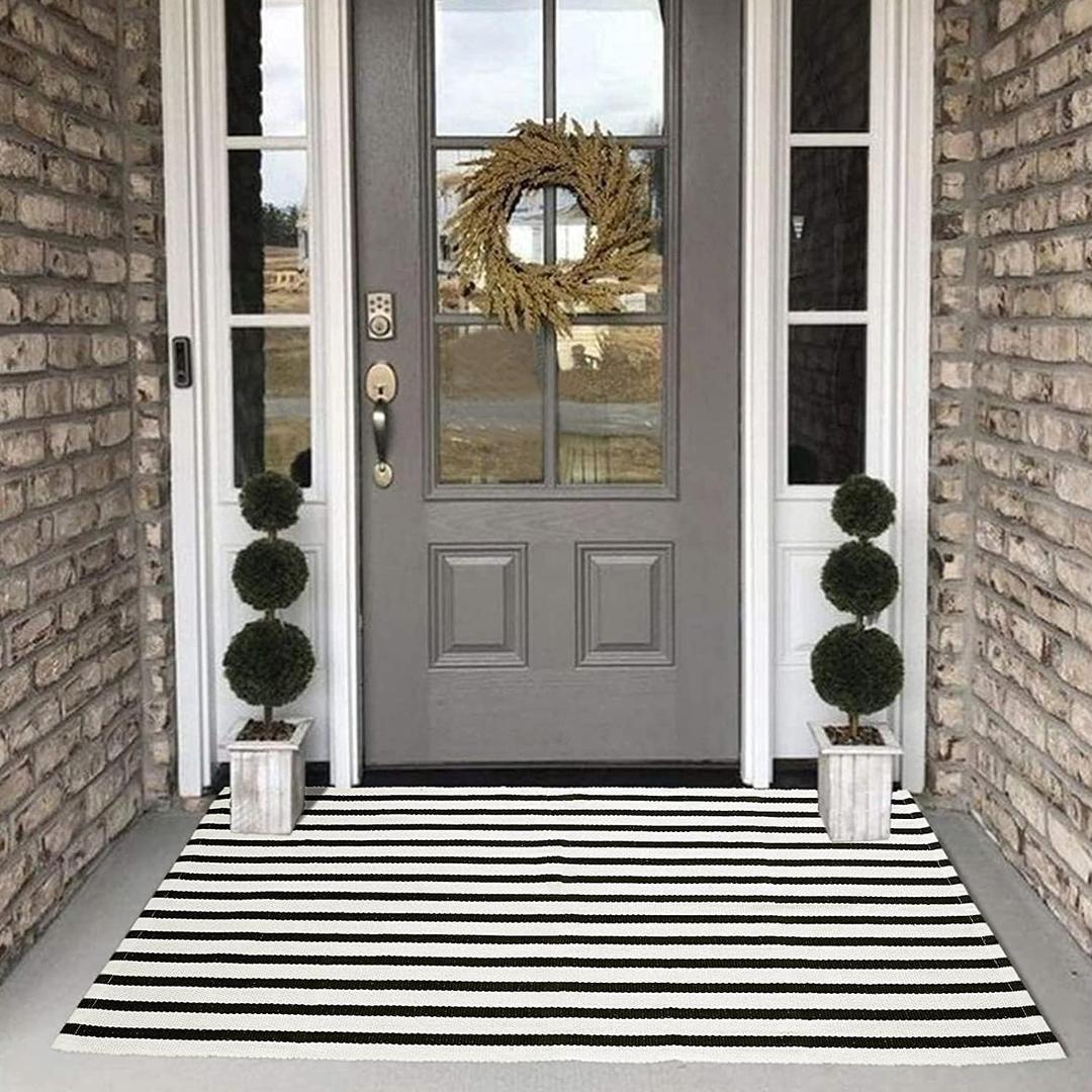 Collive Black and White Rug 3x5, Washable Outdoor Rug for Porch Cotton Woven Farmhouse Indoor Outdoor Rugs, Layered Welcome Door Mat, Floor Throw Carpet for Spring Front Door Decor Kitchen