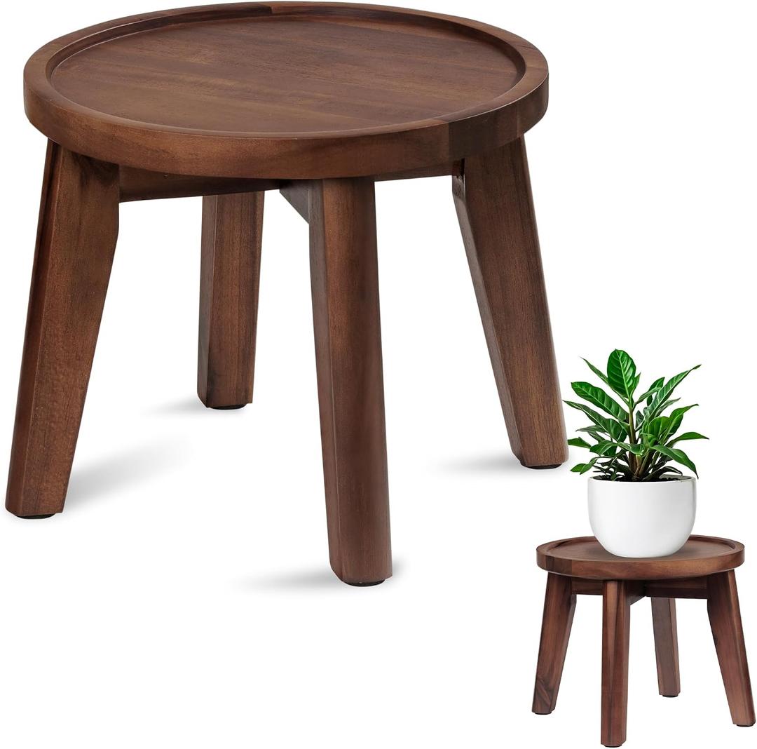 Demigo Indoor Plant Stand, Acacia Wooden Decorative Plant Shelf with Spill-Proof Tray, Stable 8 Tall Flower Holder for Heavy Pots, Gardening Display for Decor Living Room Patio - Dark Brown