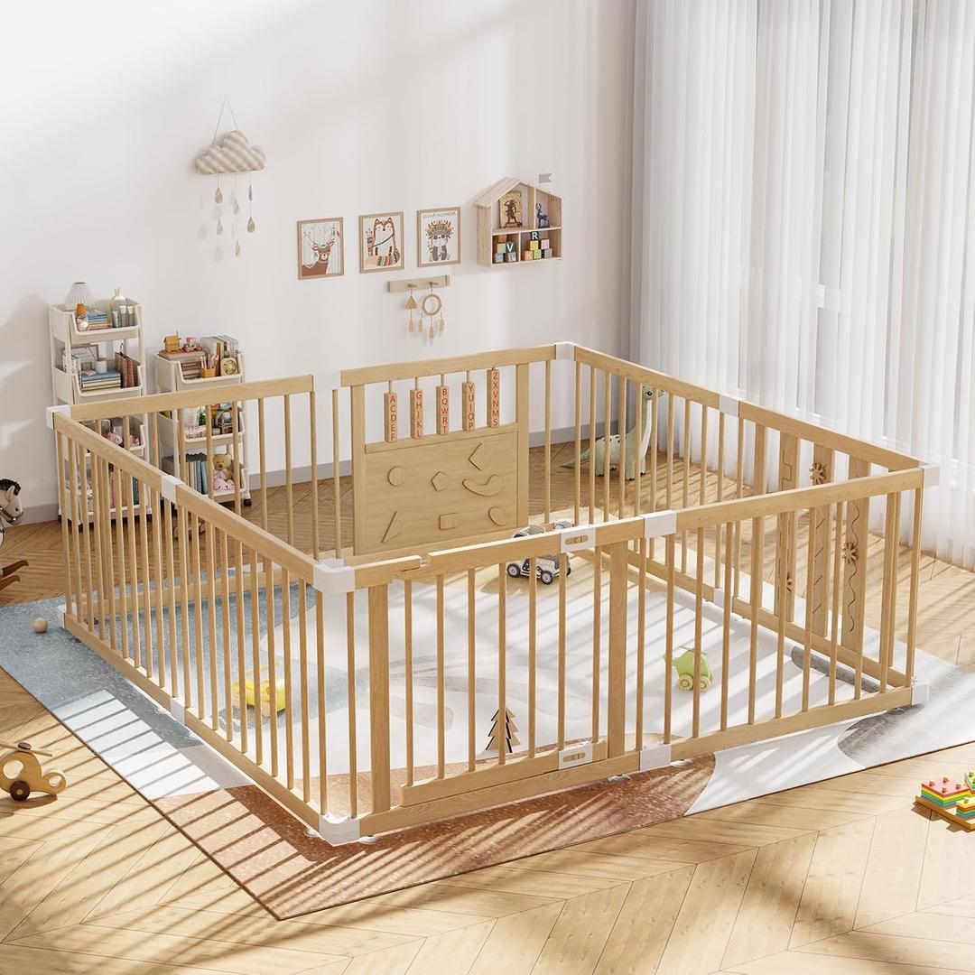 Wooden Baby Playpen with Child Safety Lock, 64"64" Large Playpen for Babies and Toddlers, Indoor Play Pen for Kids Activity Center, Portable Natural Wood Fence, Expandable, Suction Cups, 8 Panels