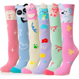 WEVIAS Girls Knee High Socks Kids Long Crazy Fun Silly Gifts Boot Cute Animal Funny Tall Cotton Socks 6 Pairs 3-12Y