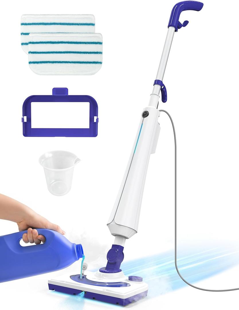 Aspiron Professional Steam Mop Cleaner, 1300W Floor Steamer with Detergent Chamber, 25S Heat Up, Lightweight Steamer for Cleaning with 2 Washable Pads, Safe for Tiles, Upholstery, Carpet, Hardwood, Blue