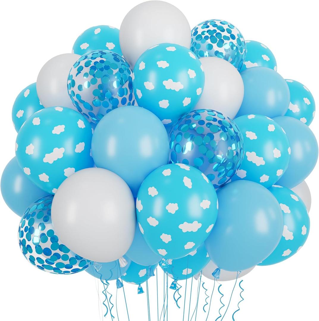 60Pcs Snow Balloons 12 Inch Cloud Blue Balloons Birthday Party Supplies Latex Helium for Arch Garland Kit Boys Girls Themed Birthday Party Decorations Baby Shower Favors (White)