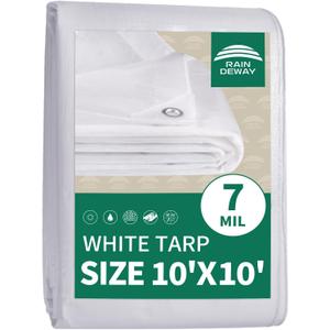 RAINDEWAY 10x10 Feet White Tarp Waterproof,7Mil Thick,Finished Size,UV Resistant,Multipurpose Poly Tarp Cover with Metal Grommets and Reinforced Edges,White Tarps