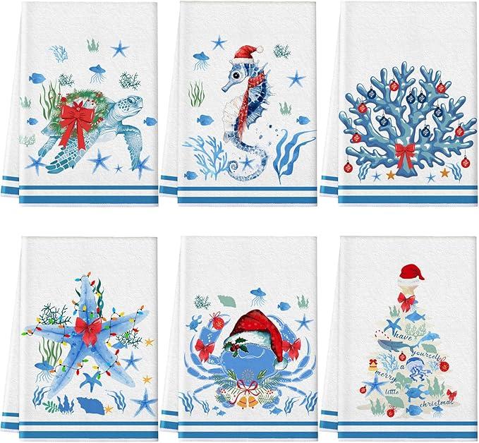 Preboun 6 Pcs Christmas Kitchen Towels Beach Coastal Christmas Decor Ocean Decorative Hand Towels Blue Red Dish Cloth Farmhouse Tea Cloth Kitchen Accessories Bathroom Decor Holiday
