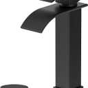 Rywuanku Matte Black Bathroom Faucet Waterfall Spout, Single Handle Sink Faucet with Pop-up Drain & Deck Plate, Modern 1 Hole Vanity Faucet for Vessel Sink
