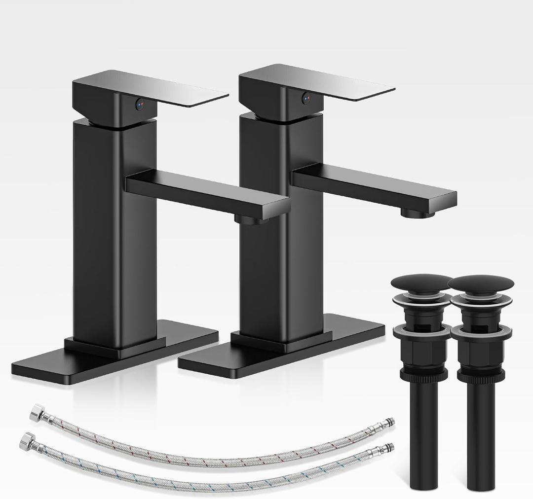 Bathroom Faucets Set with Pop Up Drain, Modern Single Handle Black Bathroom Sink Faucet w/Deck Plate(1 or 3 Hole), Farmhouse RV Vanity Sink Faucet-2 Sets, bao lavamanos Llave