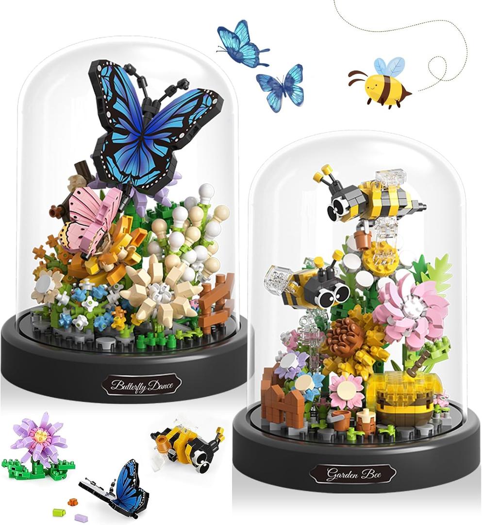 2 Flowers Bouquet Building Set Insect Collection, Mini Animals Bee & Sunflowers, Butterfly & Rose Botanical Plant Micro Blocks Not Compatible with Lego, Ideal Adult Teen 14+ (1118PCS)