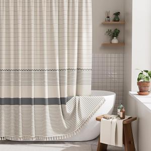 AmazerBath Boho Shower Curtain Set, Grey Shower Curtain with Tassels, Rustic Faux Linen Gray Striped Modern Farmhouse Shower Curtain with Hooks, Light Tan Toned, 72x72 Inches  AmazerBath Boho Shower Curtain Set, Grey Shower Curtain with Tassels, Rustic Faux Linen Gray Striped Modern Farmhouse Shower Curtain with Hooks, Light Tan Toned, 72x72 Inches