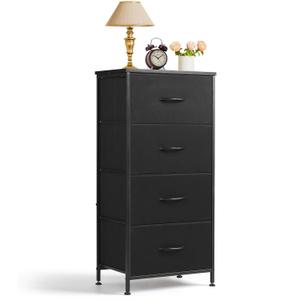 Nightstand, 4 Drawer Dresser End Table Bedside Furniture with Wooden Top Steel Frame Fabric Bins for Bedroom, Closet, Entryway, Dorm, Living Room, Black (11.8"D x 17.7"W x 37.4"H (4 Drawers))