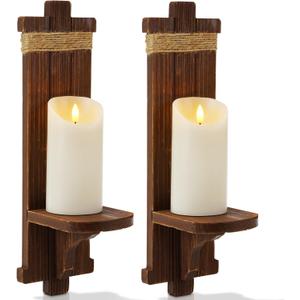Homemory Wall Sconces Candle Holder Set of 2, Farmhouse Wooden Rustic Wall Decor for Living Room, Dining Room, Bedroom, Bathroom (Brown)