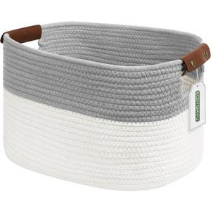 ECDYQXVU Cotton Rope Basket, Storage Baskets with Handle, 15x10x9 Inch Woven Basket for Shelves, Laundry, Towels, Clothes, Books (White/Grey 1Pack)