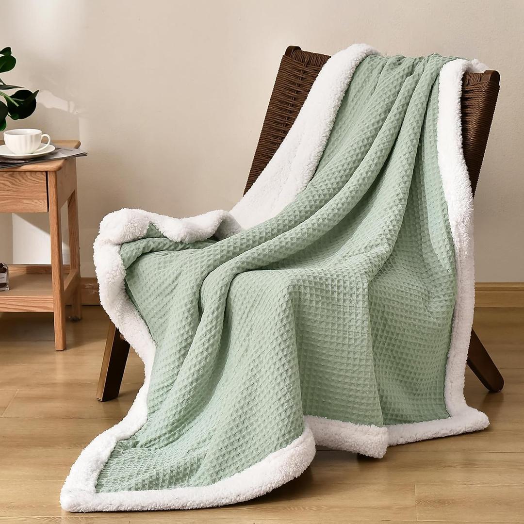 PHF Waffle Sherpa Throw Blanket, 50x60 Inches Luxury Plush Flannel Blanket for Winter, No Shed No Pilling, Cozy Soft Reversible Waffle Weave Fleece Throws for Bed and Couch, Sage Green