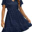 TECREW Womens Smocked Short Sleeve V Neck Mini Dress Summer Swiss Dot Flowy Short Dress (Small)