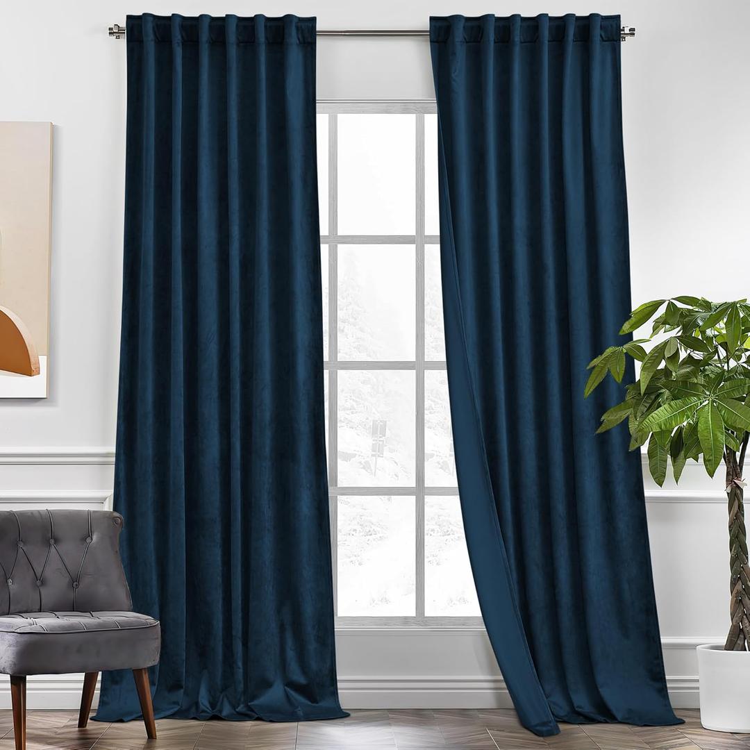 KGORGE Navy Blue Velvet Curtains 120 inches 2 Panels, Velvet Blackout Curtains for Bedroom Living Room, Soft Darkening Thermal Insulating Window Drapes, Back Tab Rod Pocket, W 52 x L 120
