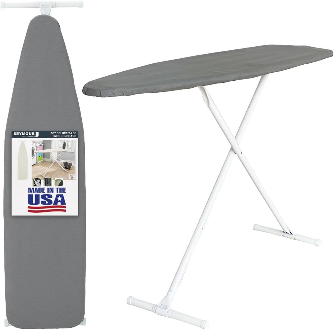 Full Size Ironing Board with Cover & Pad – Made in USA by Seymour Home Products Adjustable Steel T-Legs, 35" High Perforated Top for Steam Durable Iron Board for Home, Laundry Room