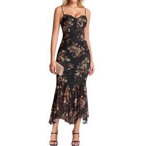 KUTUMAI Women Bodycon Long Formal Dress Asymmetric Hem Lace Neck Wedding Guest Cocktail Maxi Dresses BlackFloral L (L)