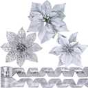 Winlyn 26 Set 3 Style Christmas Silver Glitter Poinsettia Flowers Picks Xmas Tree Ornaments and 12 Yards Decorative Silver Glittered Wired Ribbon for Silver Christmas Tree Wreath Garland Holiday Dcor