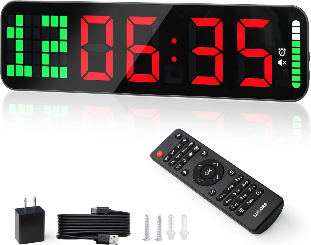 LUCORB Gym Timer - Large Digital Gym Clock Wall with Interval Time Progress Bar, Countdown/Up Stopwatch, Remote Control for Home Gym Garage Boxing Crossfit (Black+red)