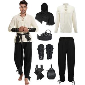 7 Pcs Men's Renaissance Costume Medieval Pirate Shirt Ankle Banded Pants Viking Costume Accessories Set (Large, Black)