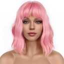 Pastel Bob Wigs with Bangs for Women Loose Wavy Wig Pastel Wavy Shoulder Length Bob Synthetic Cosplay Wig for Girl Colorful Costume Wigs (Pink)