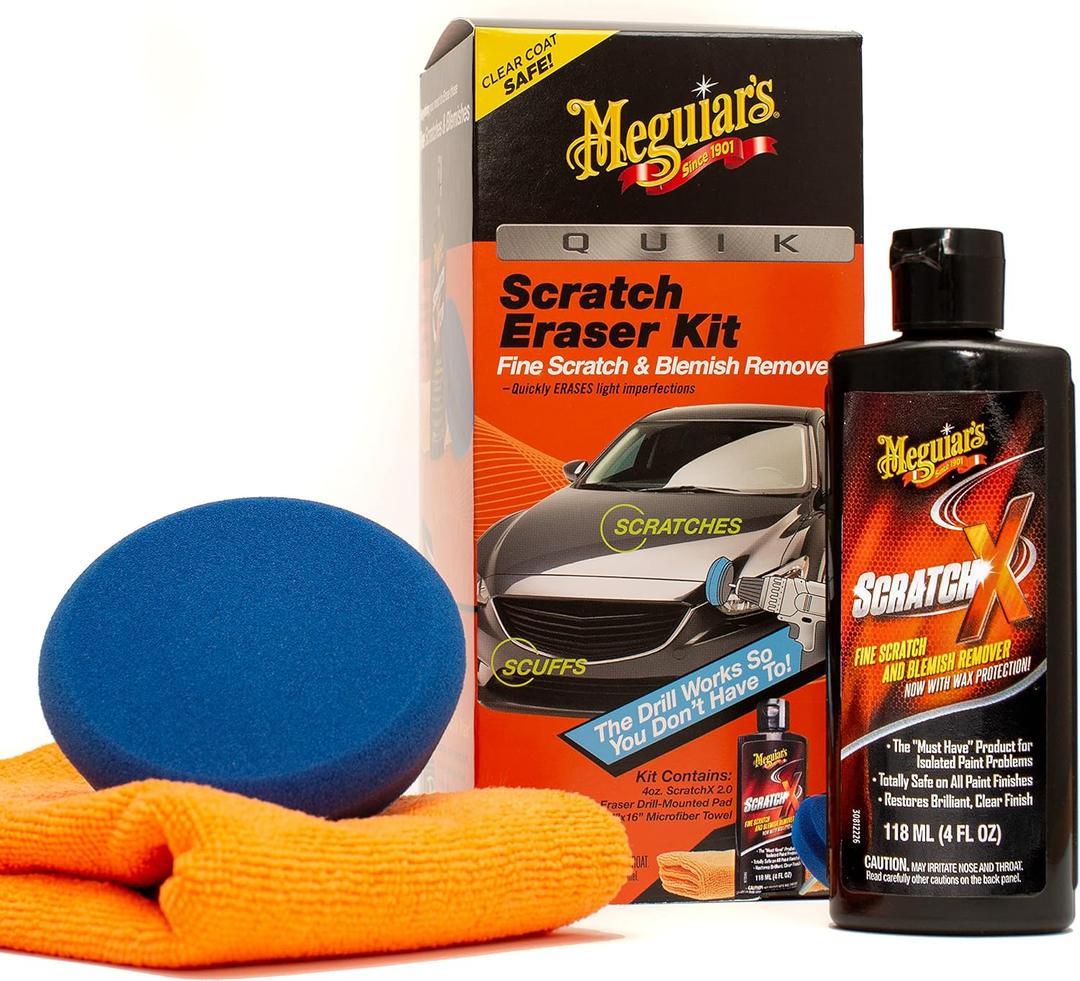 Meguiar's Quik Scratch Eraser Kit, Car Scratch Remover for Repairing Surface Blemishes, Car Care Kit with ScratchX, Drill-Mounted Pad, and Microfiber Towel, 4 Count