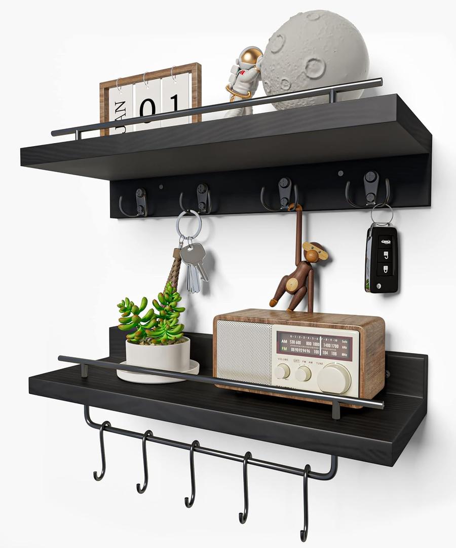 Wood Floating Shelves with Metal Hooks, Wall Mounted Coat Rack with Shelf Set of 2, Bathroom Wall Shelf with Removable Towel Bar, Hanging Shelves with 9 Hooks for Kitchen Entryway Coffee Bar, Black