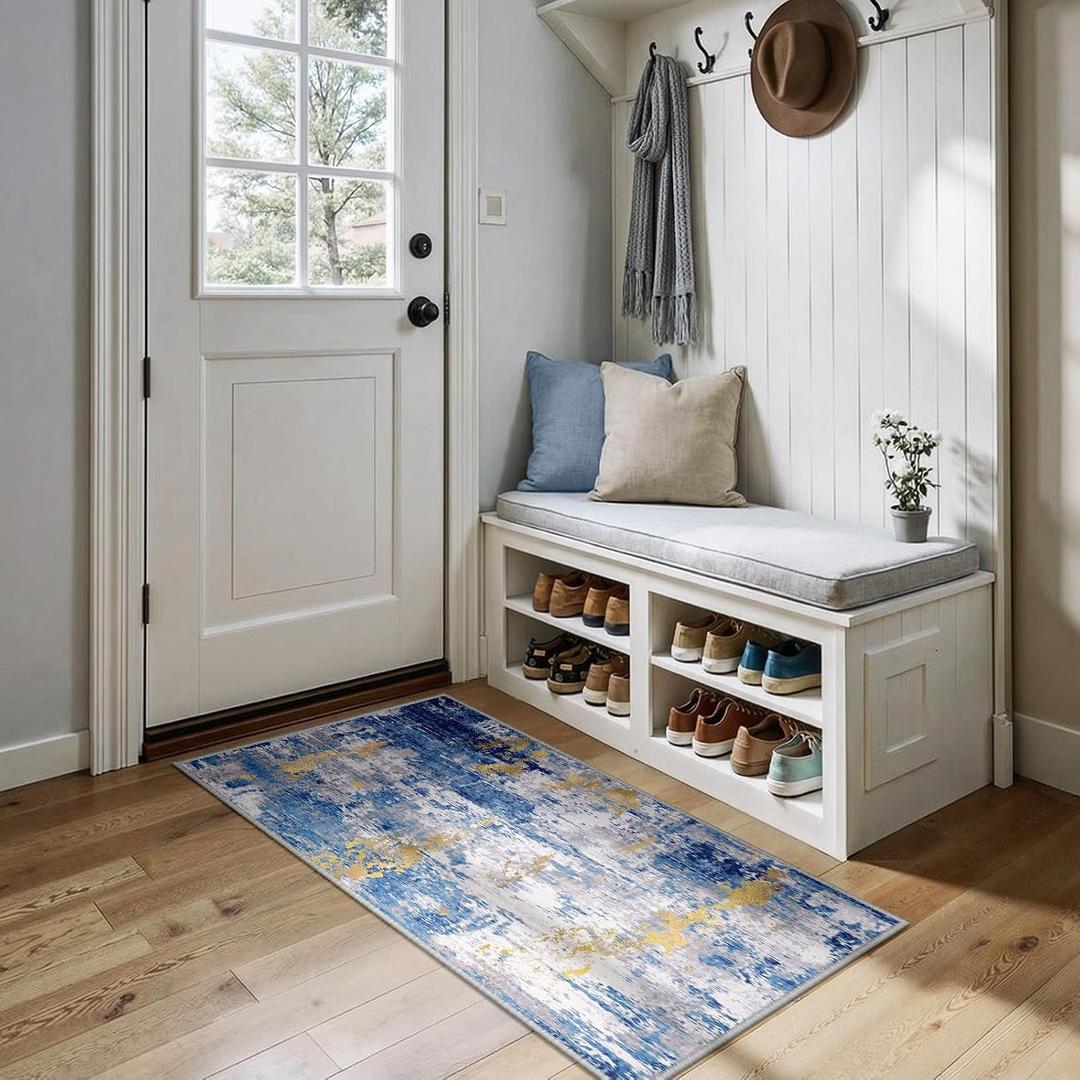 RELEANY Washable Area Rugs 2'x5' Non-Slip Modern Abstract Soft for Living Room Entryway Bedroom Kitchen, Print Pattern, Grey Blue Gold/Golden