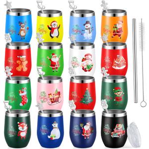 Sliner 16 Pcs Christmas Funny Wine Tumbler Spoon Set 12 Oz Stainless Steel Tumbler with Straw Brush Double Wall Insulated Travel Coffee Mug for Christmas Xmas Party Decorations Holiday Gift (Colorful) (Multicolor)