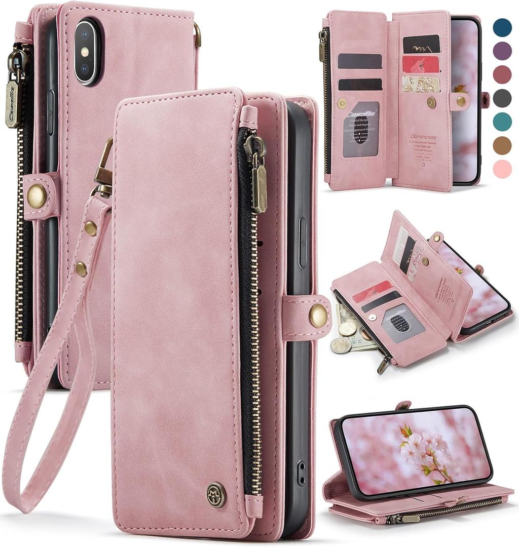 Defencase Compatible with iPhone X/XS Case Wallet with RFID Blocking Card Holder for Women Men, Fashion PU Leather Magnetic Snap Flip Zipper Strap Wallet Phone Case Fit for iPhone Xs & X, Rose Pink