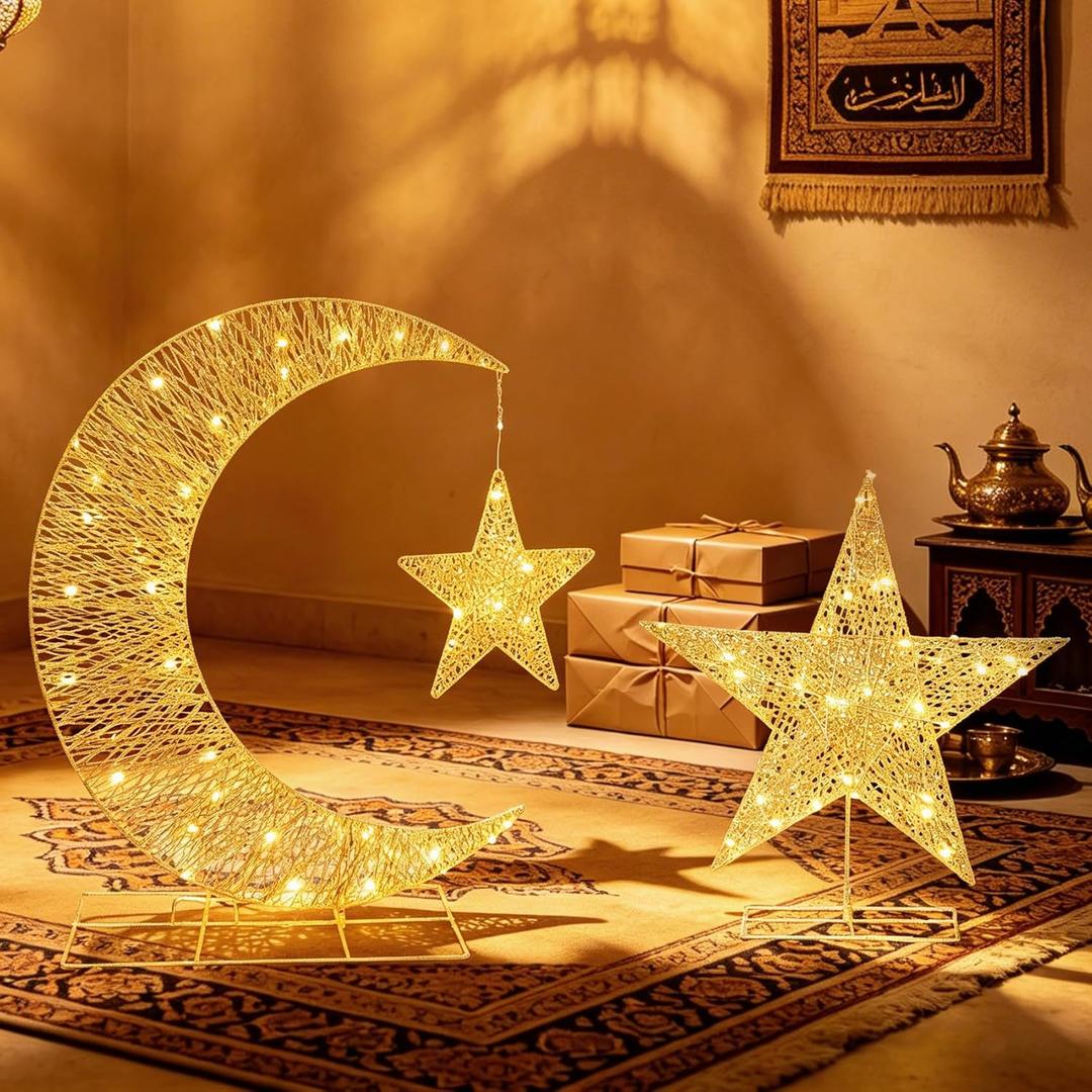 Eid Lighted Crescent Star Tree Decor, Garden Decor Outdoor Lights, Outdoor Weatherproof Holiday Ornament for Yard, Patio, Pathway