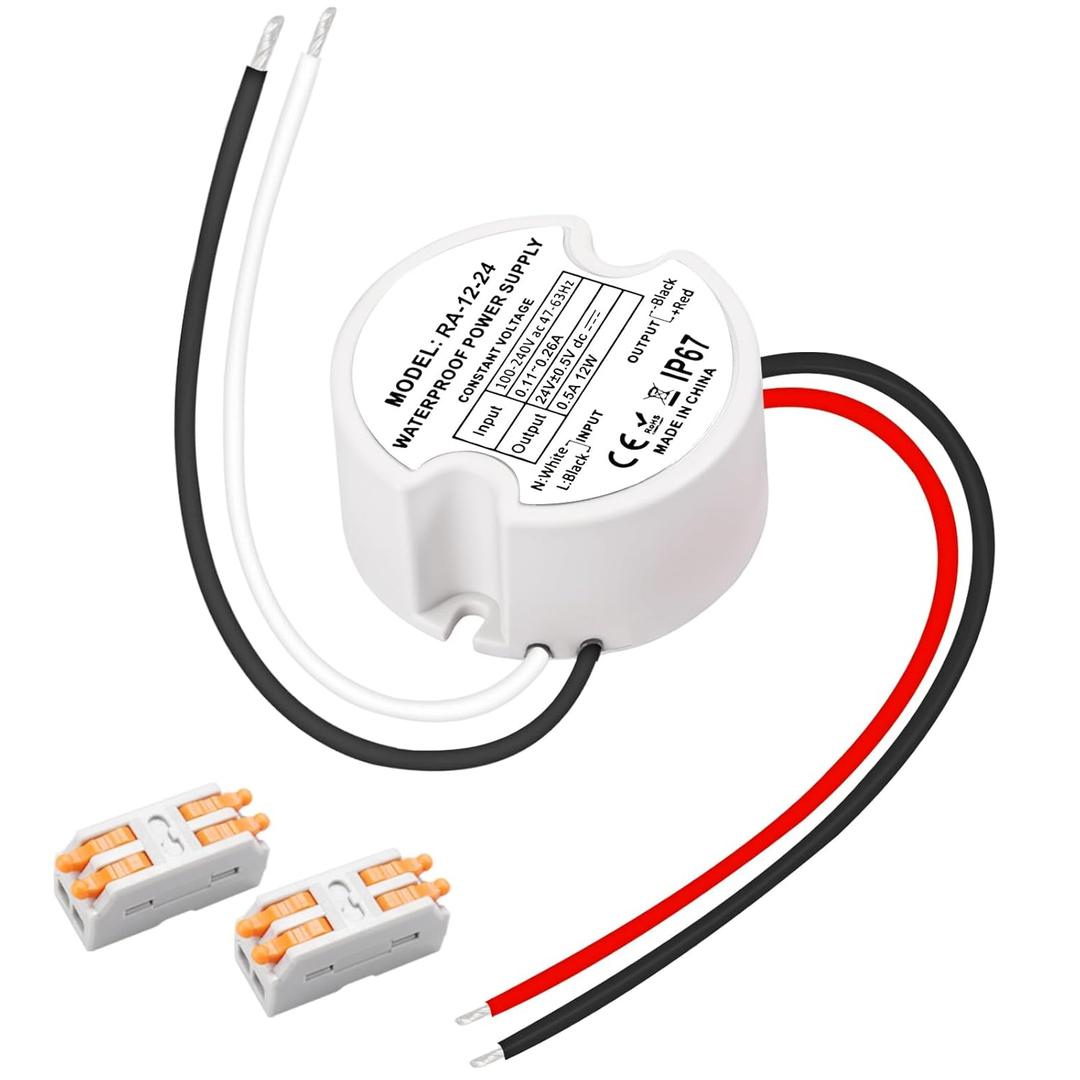Waterproof IP67 LED Driver 12 Watts, LED Power Supply 24V 0.5A, Round 120V to 24V Transformer for Indoor and Outdoor LED Lighting