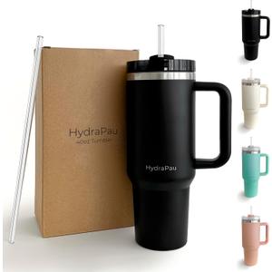 HydraPau Quencher 40oz Tumbler With Handle, Lid, Straw - Double Wall Vacuum Insulation - Silicone Straw Grip - Car Cupholder Compatible - Dishwasher Safe - Recycled Stainless Steel (Black)