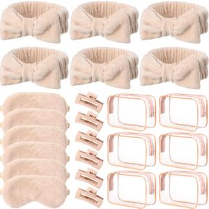 Hoteam 24 Pcs Spa Party Favors Supplies 6 Spa Headband 6 Plush Sleep Eye Mask 6 Hair Claw Clips 6 Clear Cosmetic Bags for Adult Sleepover Slumber Party Graduation Gift(Beige)