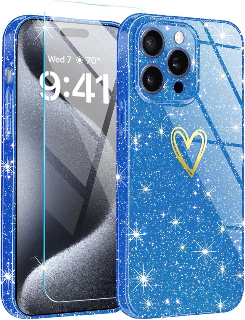 Qviskteme for iPhone 15 Pro Case for Women Cute,Clear Glitter with [1 x Tempered Glass Screen Protector] Slim Phone Cases Shockproof Bumper Protective Soft Silicone Thin Cover Case 6.1" Blue Titanium