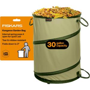 Fiskars Kangaroo Collapsible Spring Up Garden Bag for Yard Waste, Grass, Branches & Weeds, Tear & Mildew Resistant Vinyl-Coated Polyester, Folds Flat to 3 Inches for Space-Saving Storage, 30 Gallon