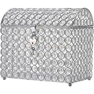 ELLDOO Crystal Wedding Card Box with Heart Lock, Money Card Box Treasure Chest Style Silver Gift for Wedding Receptions Centerpiece Decor Anniversary Keepsake Gift Display Csae, Medium