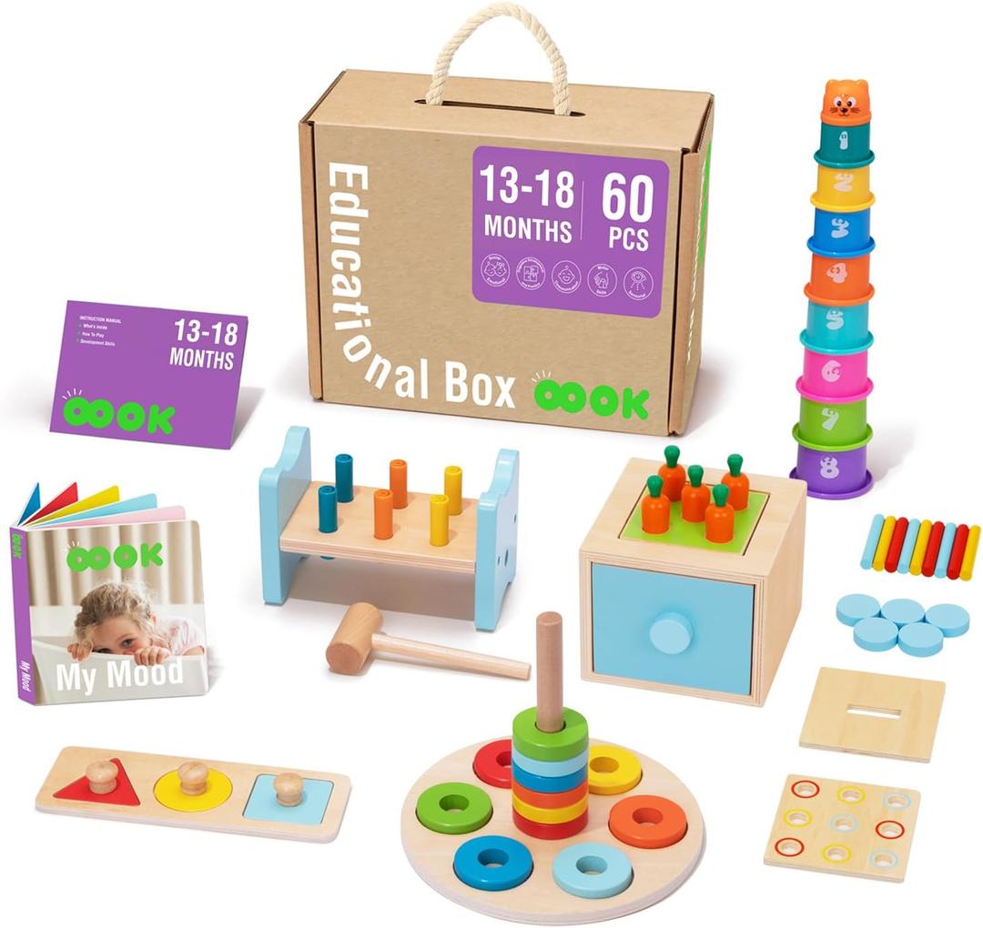 TOOKYLAND Montessori Toys for 1 Year Old, 8 in 1 Learning Educational Set Wooden Toys (Includes Stacking Cups, 3-in-1 Educational Box, Pound Bench, Shape Puzzle and More) (12-18m Educational Box)