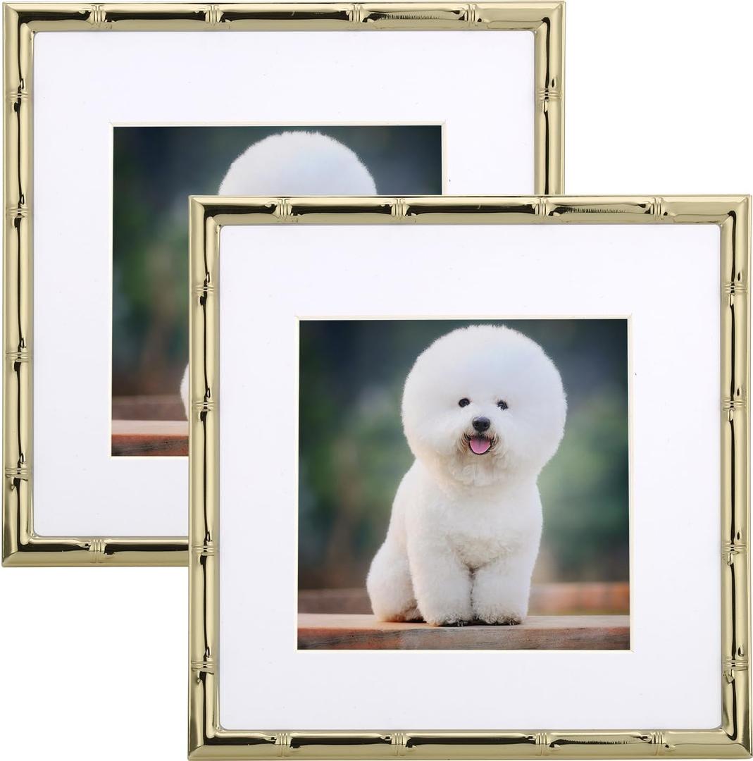 6x6'' Square Metal Picture Frame With Mat - Set of 2, Bamboo Detail Designs Gold Plated Photo Frames 4x4'' With Soft Velvet Backing for Desktop and Wall Decor
