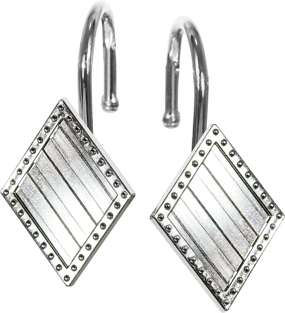 Geometric Shower Curtain Hooks Rings: Rust Proof Brushed Nickel Diamond Metal Decorative Shower Curtain Rings - Modern Elegant Silver Shower Curtain Rod Hooks Hangers for Bathroom - Set of 12