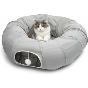 AUOON Cat Tunnel Bed for Indoor Cats - Large Cat Donut Tunnel with Hanging Ball Toy, Collapsible 2-in-1 Multifunctional Interactive Cat Toy for Kitten, Puppy, Rabbit, Ferret (Light Grey)