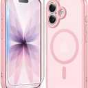 FNTCASE for iPhone 17 Case Matte: Magnetic Phone Cases with Screen Protector Drop Proof Compatible with Magsafe Slim Anti Yellowing Rugged Shockproof Protective Translucent Cell Cover (C-Pink)