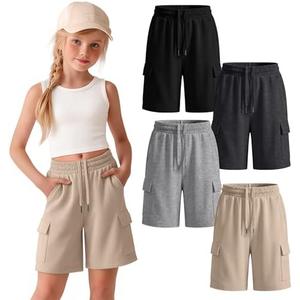 4 Pack Girls Cargo Bermuda Shorts | Teen, Back to School, Knee Length, 4 Pockets, Athletic Shorts, Summer Pants, Sports Meet, 11-12Y, Khaki, Light Heather Gray, Dark Heather Gray, Black