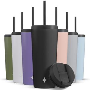 JoyJolt Vacuum Insulated 24 oz Tumbler with Lid and Straw (2 Each) Vacuum Double Wall Stainless Steel Tumbler, Copper Lined for 12Hr Hold/Cold Drinks. Leakproof Water Bottle, Tea or Iced Coffee Cup (Matte Black)