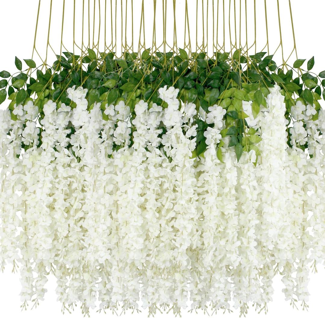 48Pcs Artificial Wisteria Flowers 3.6 Feet/Piece White Dense Artificial Fake Wisteria Vine Ratta Hanging Garland Silk Flowers String Home Party Wedding Decor(White-Dense)