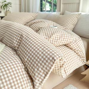 LifeTB Queen Comforter Set Tan Gingham Comforter Modern Style Beige Plaid Comforter Set 3 Pieces Fluffy Grid Checkered Comforter with 2 Pillowcases Boho Gingham Bedding Set Queen Size