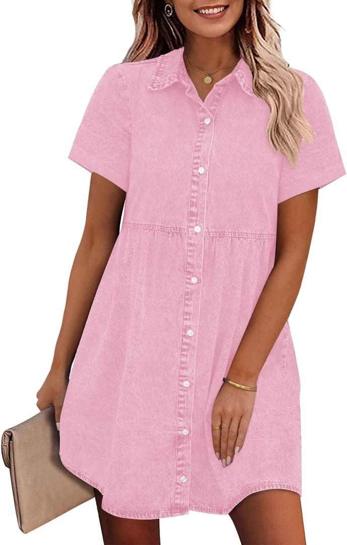 GRAPENT Denim Dress for Women Babydoll Tiered Short Sleeve Button Down Jean Shirt Dresses (X-Large, Parfait Pink)