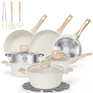 SODAY 17 Pcs Pots and Pans Set Non Stick Kitchen Cookware Sets Nonstick Induction Cookware Non-toxic White Granite Cooking Tools with Stay-Cool Handles Silicone Tools, Pot Protectors (PFOS/ PFOA Free)